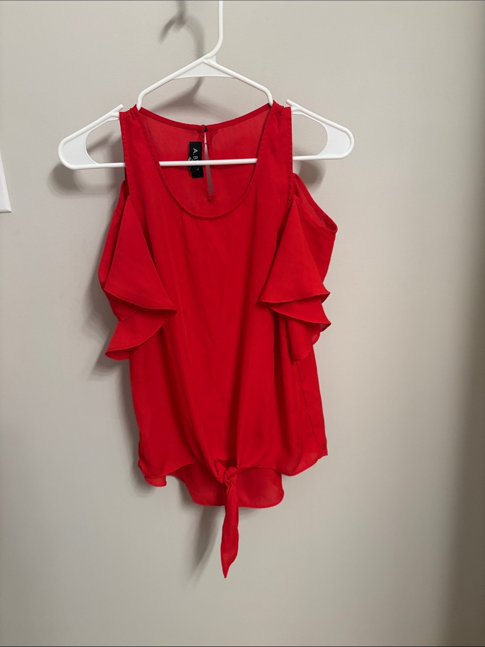 Amy Byer Red Cold-Shoulder Ruffle Tie-Front Blouse